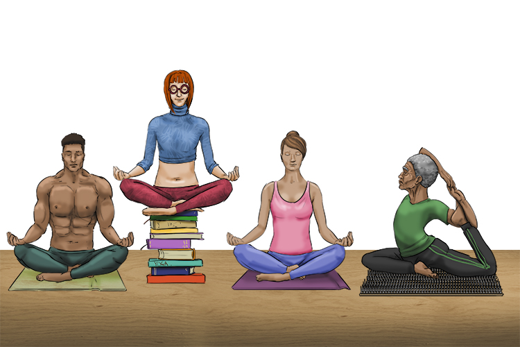 She walked into the yoga class ad there were four people in there. One was obviously an Action Man, One was sitting on a pile of books and was obviously knowledgeable. One woman was also meditating. One man was very old and clearly very devoted to this ta